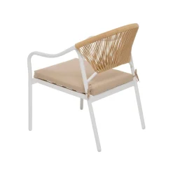 Set da giardino 4 pezzi Struttura in Acciaio Bianca, Schienale in Rattan, Top in vetro e Cuscini Tortora inclusi