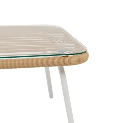 Set da giardino 4 pezzi Struttura in Acciaio Bianca, Schienale in Rattan, Top in vetro e Cuscini Tortora inclusi