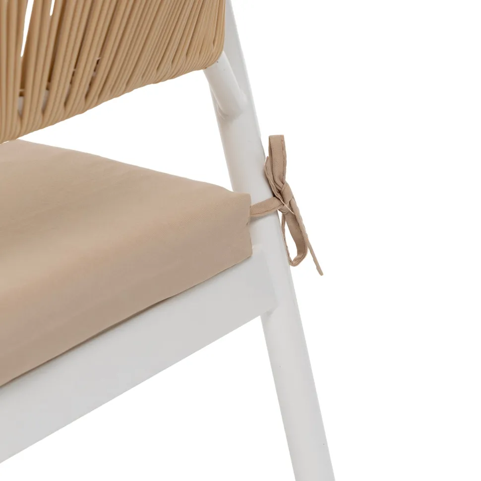 Set da giardino 4 pezzi Struttura in Acciaio Bianca, Schienale in Rattan, Top in vetro e Cuscini Tortora inclusi
