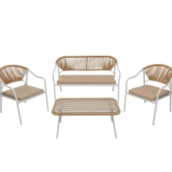 Set da giardino 4 pezzi Struttura in Acciaio Bianca, Schienale in Rattan, Top in vetro e Cuscini Tortora inclusi