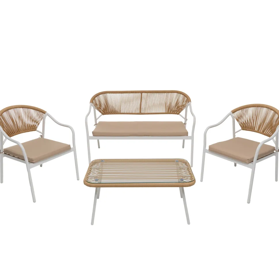 Set da giardino 4 pezzi Struttura in Acciaio Bianca, Schienale in Rattan, Top in vetro e Cuscini Tortora inclusi