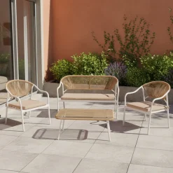 Set da giardino 4 pezzi Struttura in Acciaio Bianca, Schienale in Rattan, Top in vetro e Cuscini Tortora inclusi