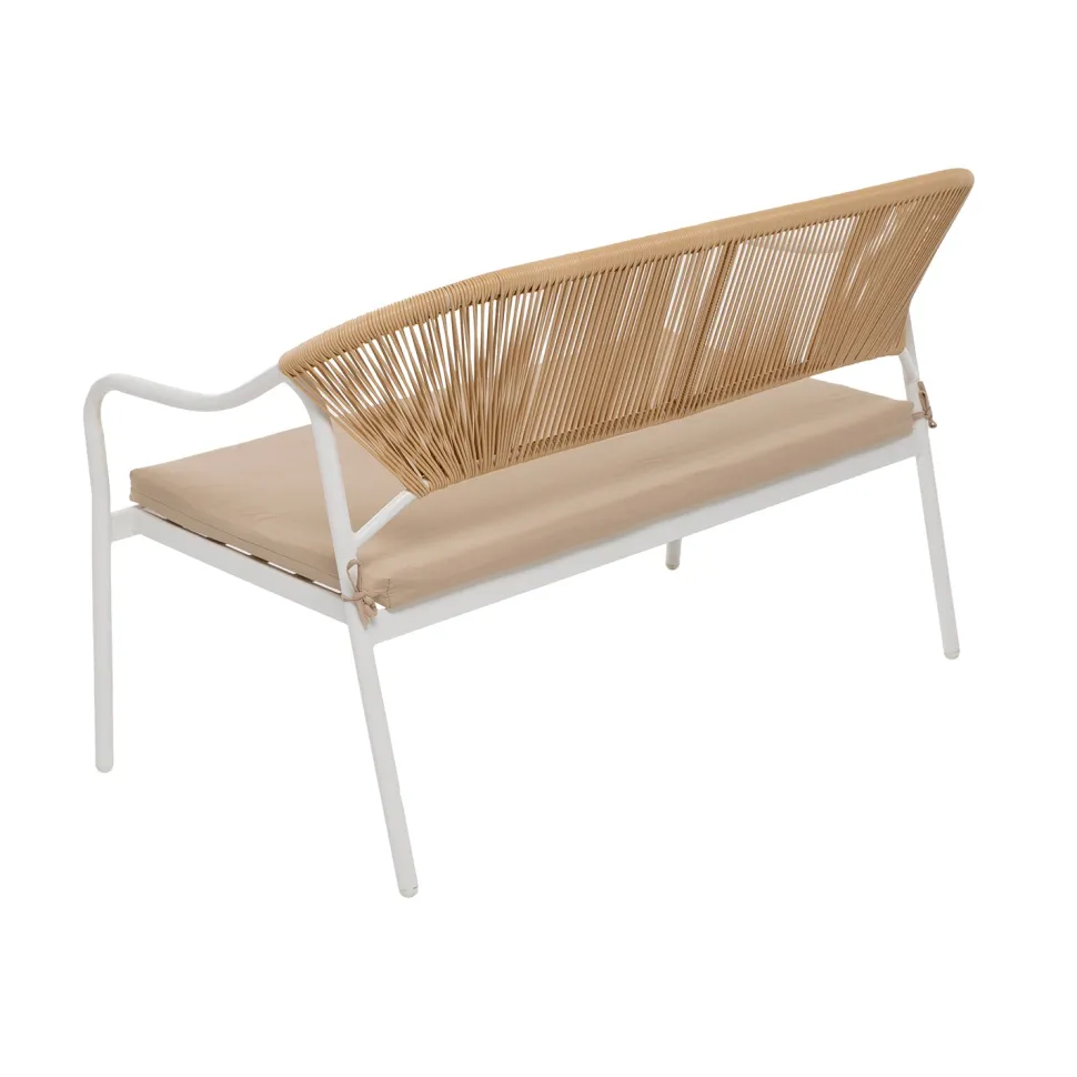 Set da giardino 4 pezzi Struttura in Acciaio Bianca, Schienale in Rattan, Top in vetro e Cuscini Tortora inclusi