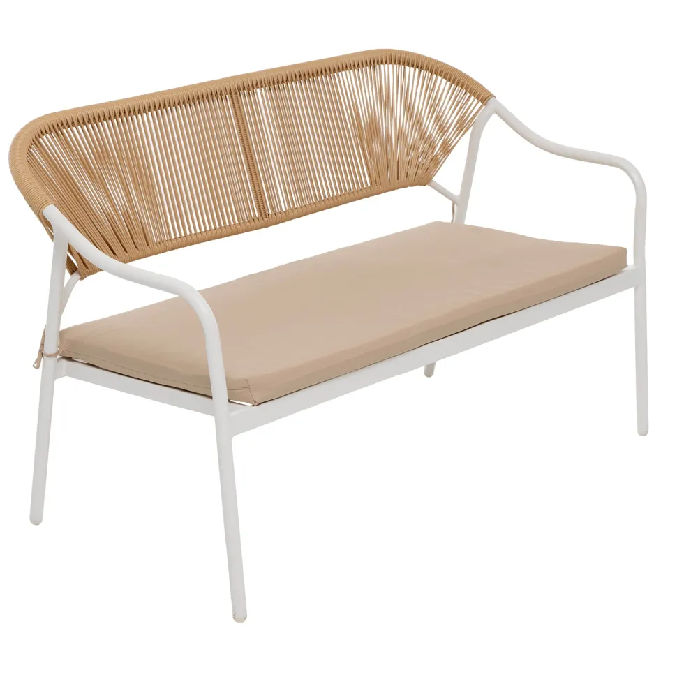 Set da giardino 4 pezzi Struttura in Acciaio Bianca, Schienale in Rattan, Top in vetro e Cuscini Tortora inclusi