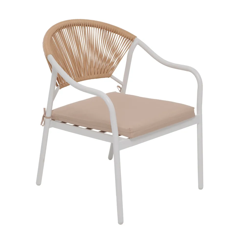 Set da giardino 4 pezzi Struttura in Acciaio Bianca, Schienale in Rattan, Top in vetro e Cuscini Tortora inclusi