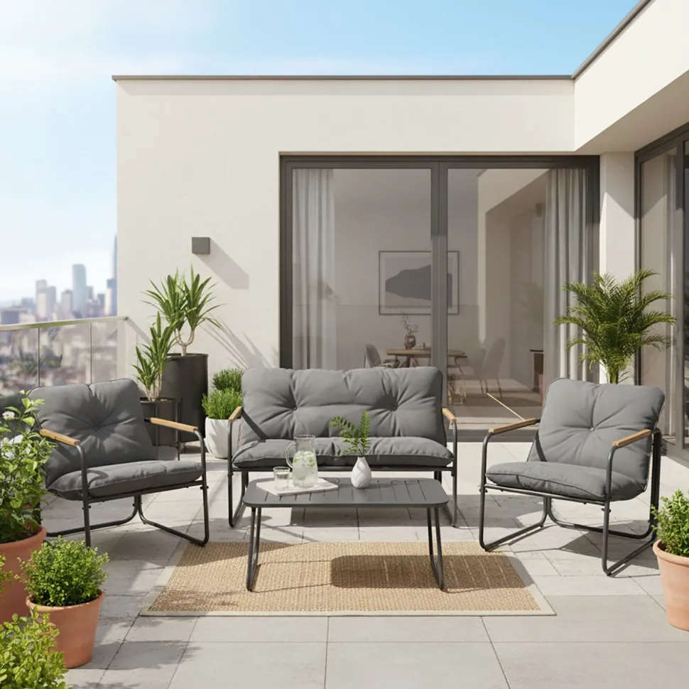 Set da giardino 4 pezzi Struttura in Acciaio Antracite, braccioli in Polywood e Top in vetro e Cuscini Antracite inclusi