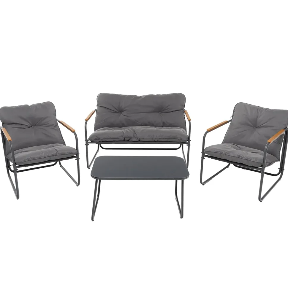 Set da giardino 4 pezzi Struttura in Acciaio Antracite, braccioli in Polywood e Top in vetro e Cuscini Antracite inclusi
