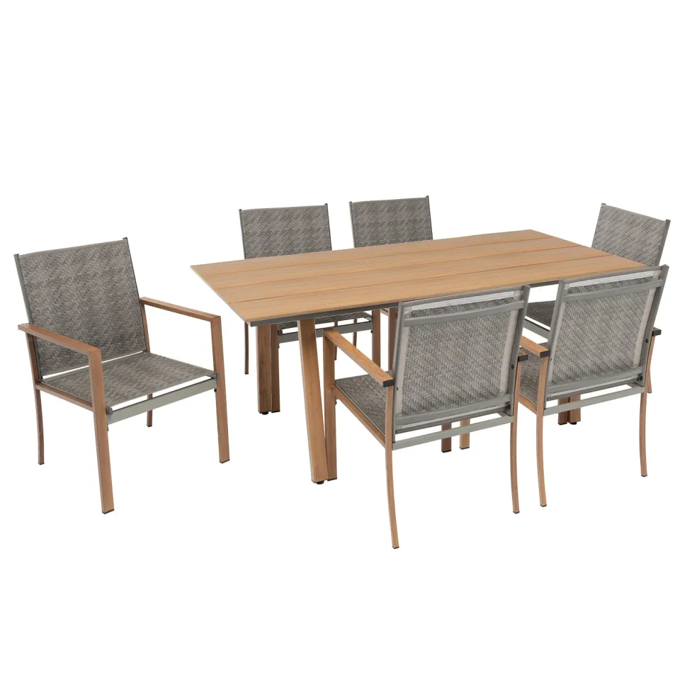 Set da giardino 7 pezzi Tavolo con 6 Sedie struttura in Acciaio Effetto Legno e Top in Polywood