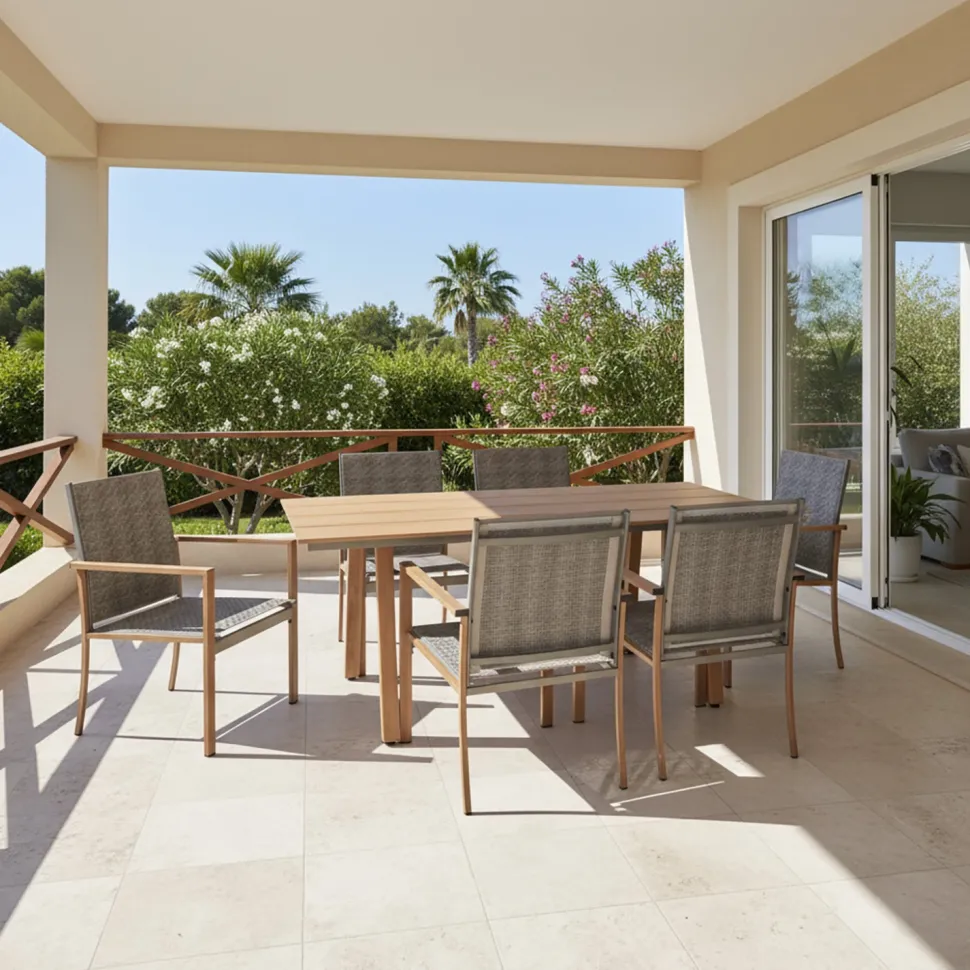 Set da giardino 7 pezzi Tavolo con 6 Sedie struttura in Acciaio Effetto Legno e Top in Polywood