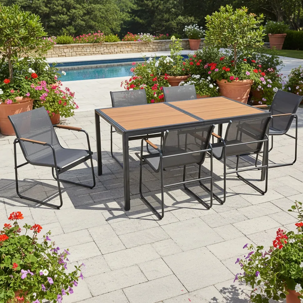 Set da giardino 7 pezzi Tavolo con 6 Sedie struttura in Acciaio Antracite, braccioli e Top in Polywood