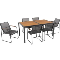 Set da giardino 7 pezzi Tavolo con 6 Sedie struttura in Acciaio Antracite, braccioli e Top in Polywood