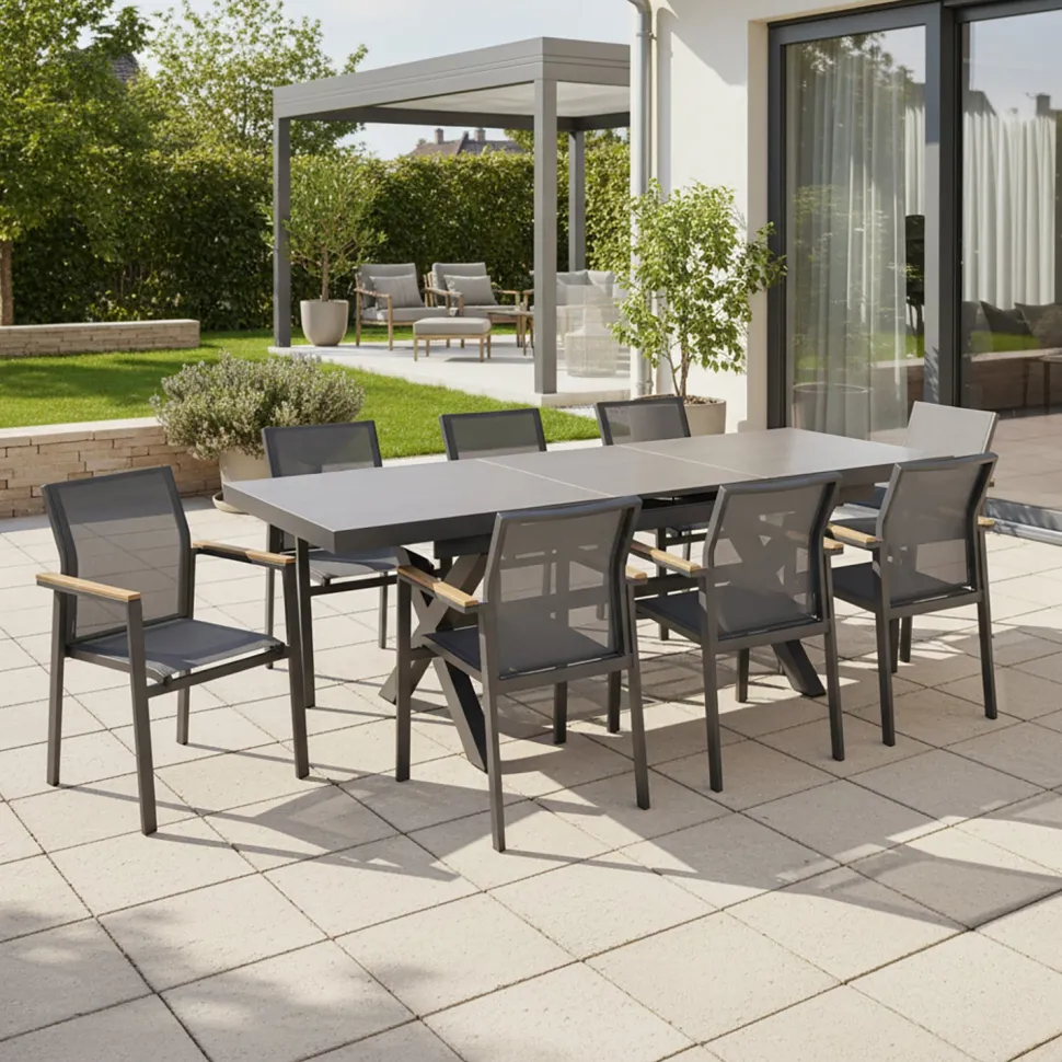 Set da giardino 9 pezzi Tavolo Estensibile con 8 Sedie struttura in alluminio Antracite e braccioli in Polywood