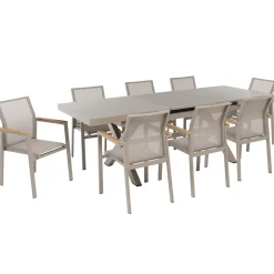 Set da giardino 9 pezzi Tavolo Estensibile con 8 Sedie struttura in alluminio Tortora e braccioli in Polywood