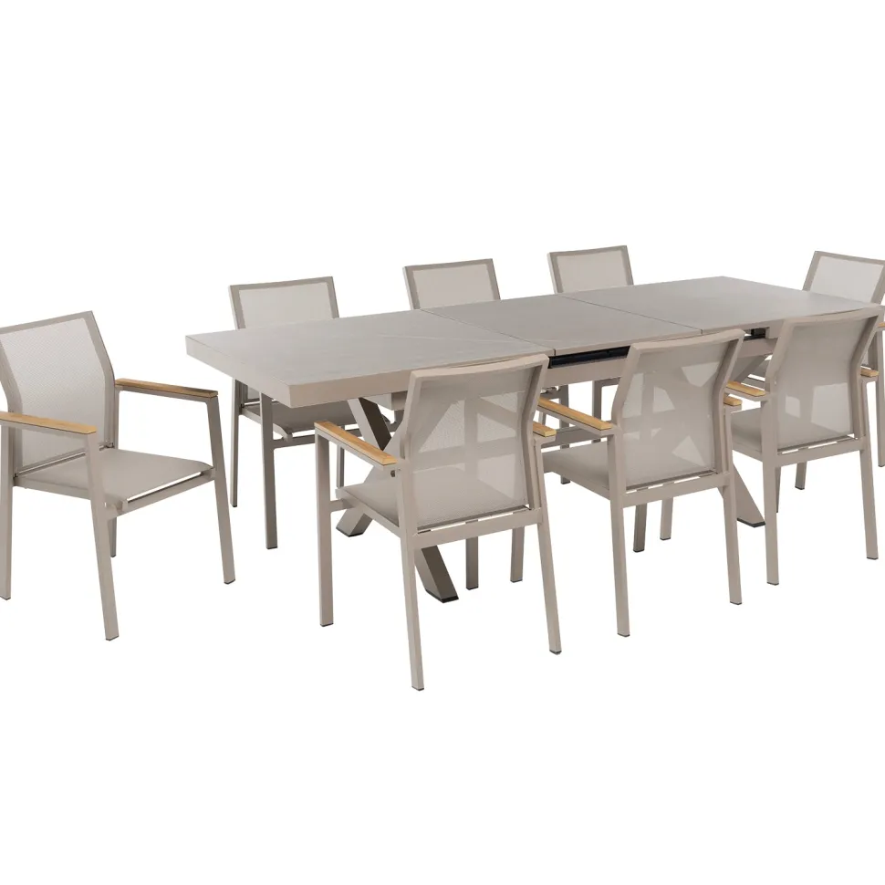 Set da giardino 9 pezzi Tavolo Estensibile con 8 Sedie struttura in alluminio Tortora e braccioli in Polywood