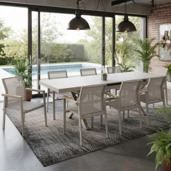 Set da giardino 9 pezzi Tavolo Estensibile con 8 Sedie struttura in alluminio Tortora e braccioli in Polywood