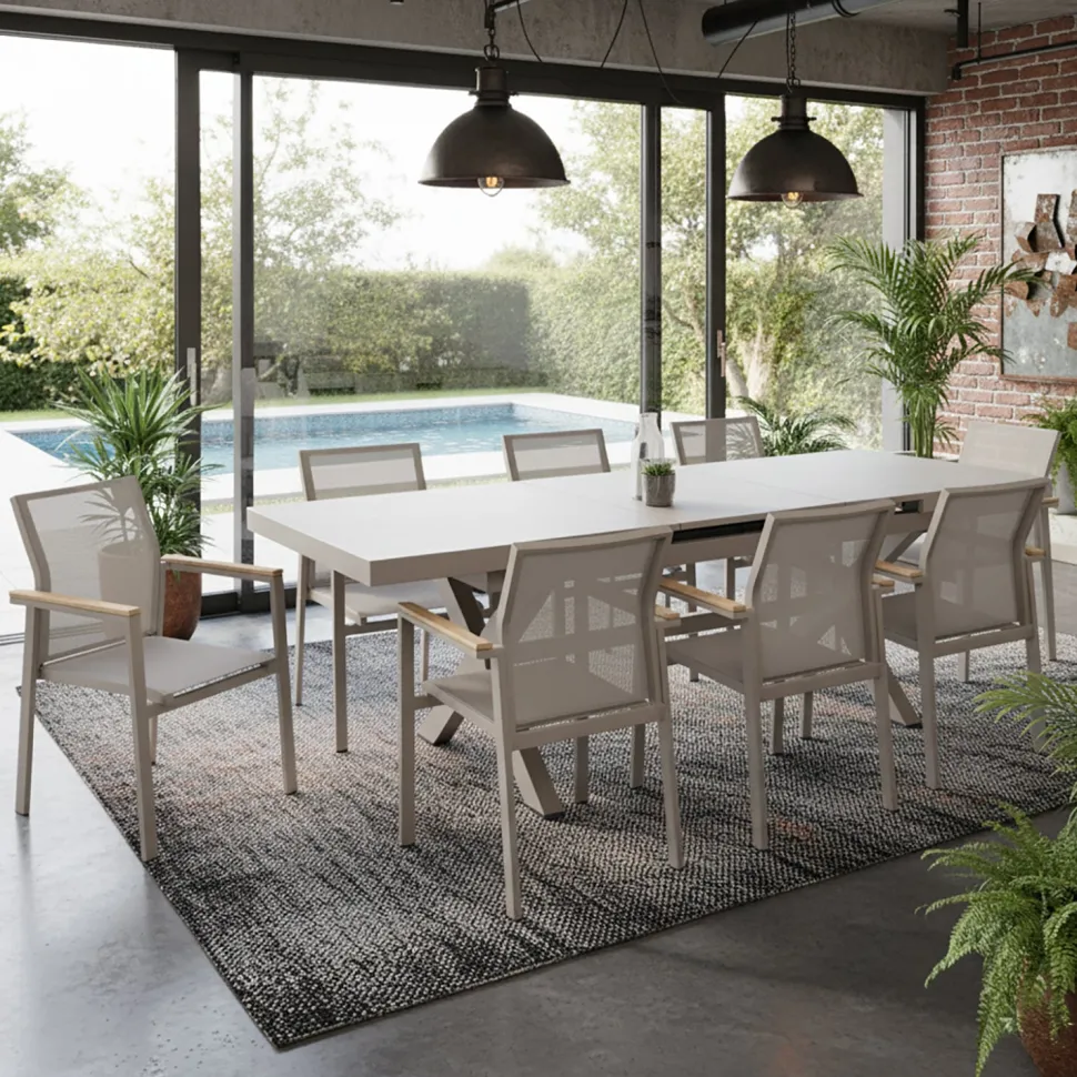 Set da giardino 9 pezzi Tavolo Estensibile con 8 Sedie struttura in alluminio Tortora e braccioli in Polywood