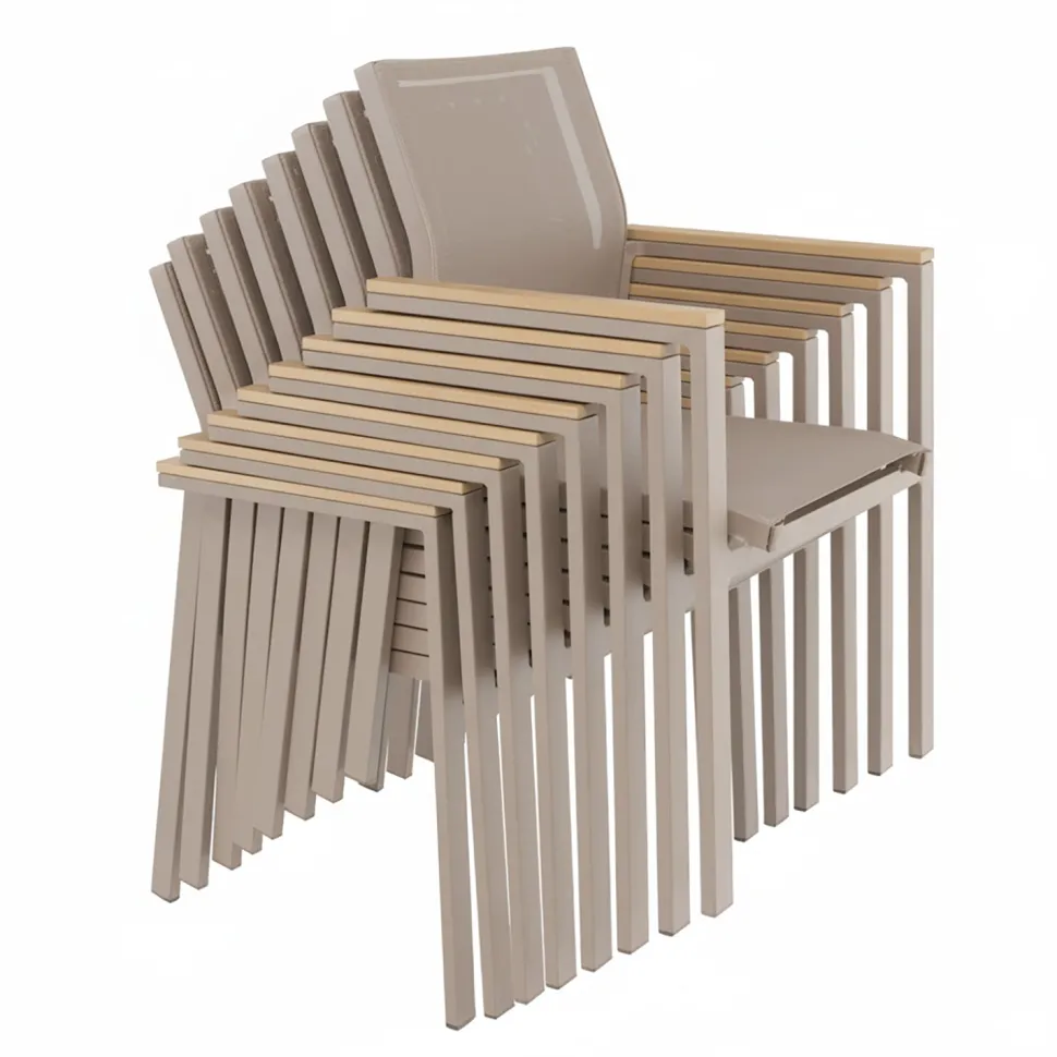 Set da giardino 9 pezzi Tavolo Estensibile con 8 Sedie struttura in alluminio Tortora e braccioli in Polywood