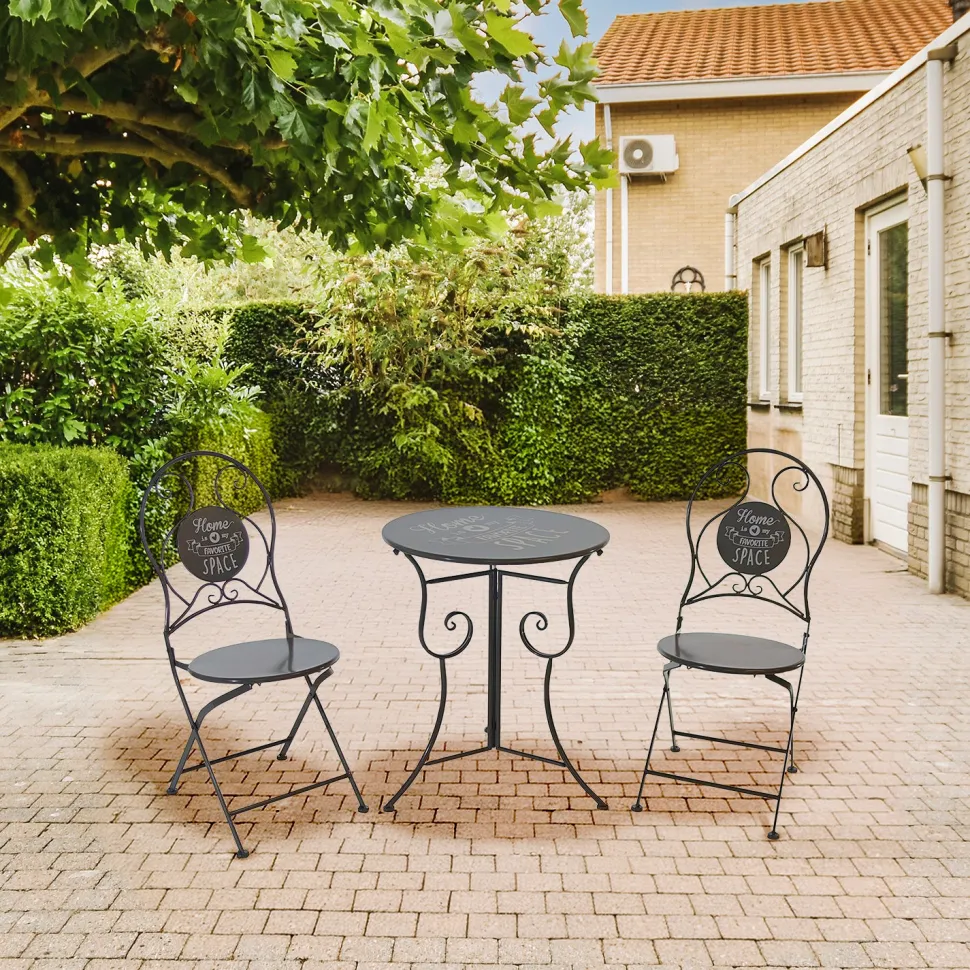 Set giardino Bistrot ''Home is my favorite Space'' tavolo rotondo 60 cm e 2 sedie in metallo Grigio