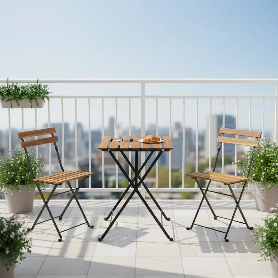 Set giardino Bistrot Tavolo e 2 Sedie Richiudibili in Legno di Acacia e Acciaio