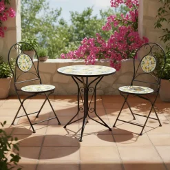 Set giardino Bistrot tavolo rotondo 60 cm e 2 sedie in metallo Nero e Top in ceramica Effetto Mosaico Lemons