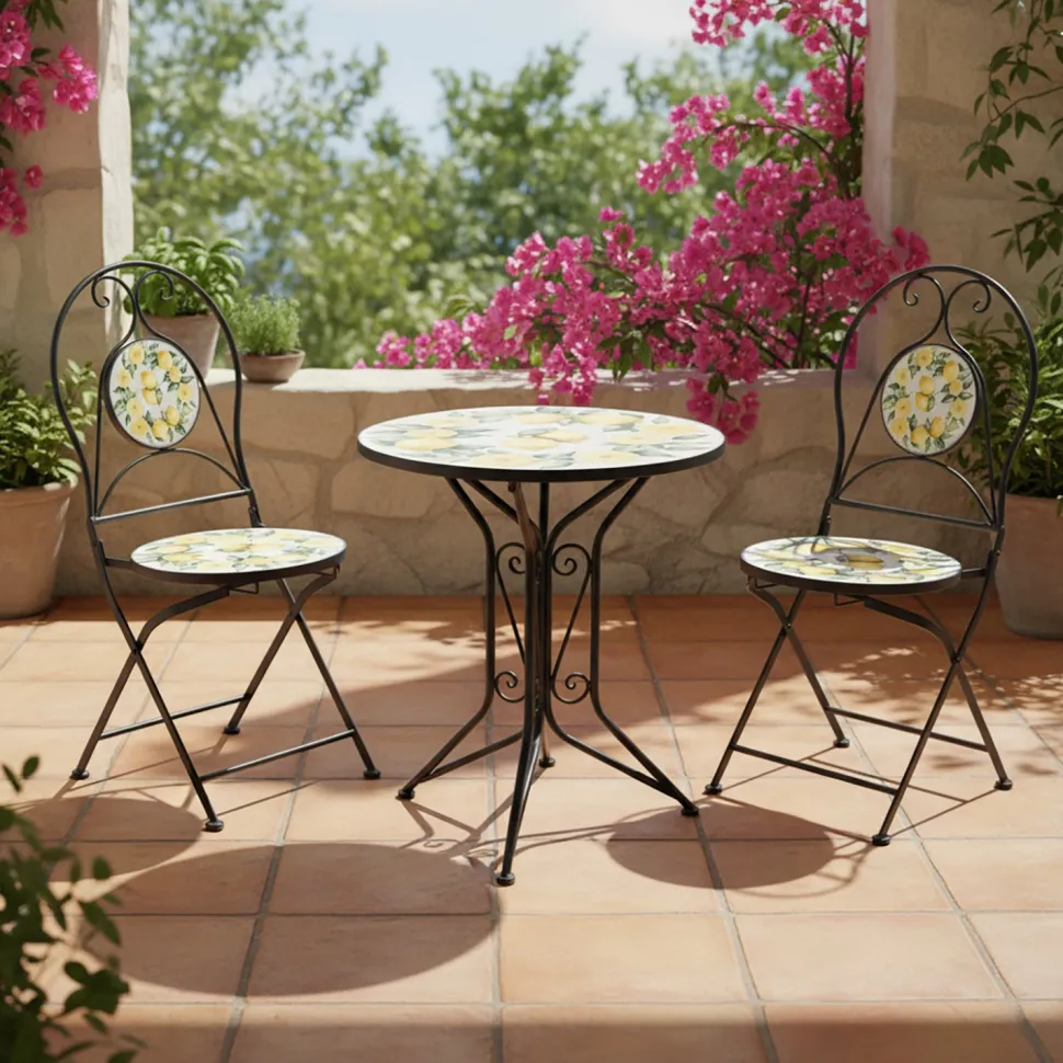 Set giardino Bistrot tavolo rotondo 60 cm e 2 sedie in metallo Nero e Top in ceramica Effetto Mosaico Lemons