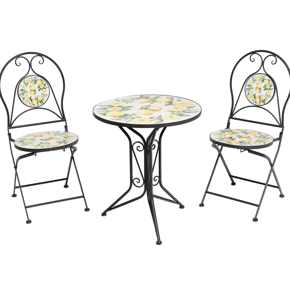 Set giardino Bistrot tavolo rotondo 60 cm e 2 sedie in metallo Nero e Top in ceramica Effetto Mosaico Lemons