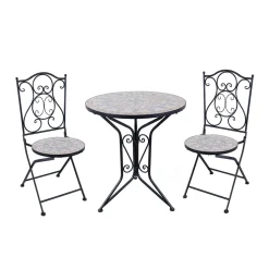 Set giardino Bistrot tavolo rotondo 60 cm e 2 sedie in metallo Nero e Top in ceramica Effetto Mosaico
