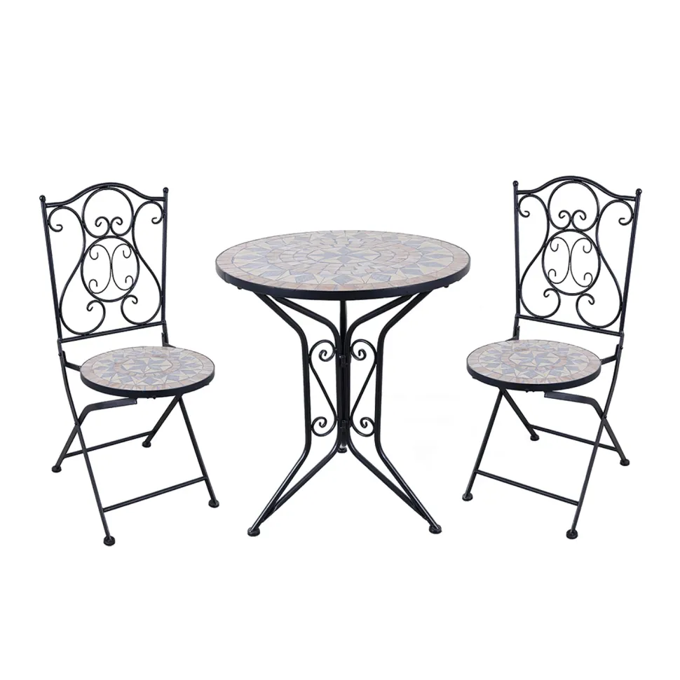 Set giardino Bistrot tavolo rotondo 60 cm e 2 sedie in metallo Nero e Top in ceramica Effetto Mosaico