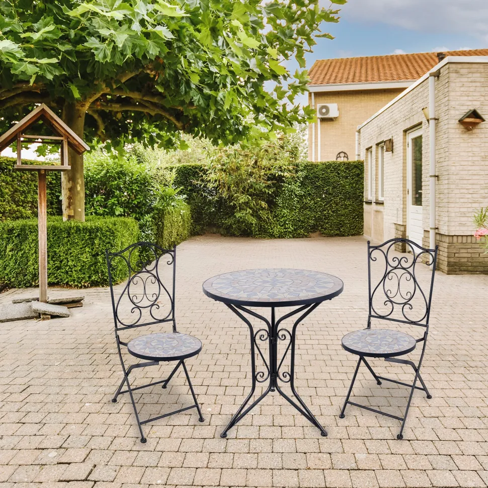 Set giardino Bistrot tavolo rotondo 60 cm e 2 sedie in metallo Nero e Top in ceramica Effetto Mosaico