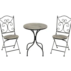 Set giardino Bistrot tavolo rotondo 60 cm e 2 sedie in metallo Nero e Top in ceramica Effetto Marmo Grigio