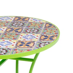 Set giardino Bistrot Tavolo rotondo 60 cm e 2 sedie richiudibili in metallo Verde con Top in Ceramica Effetto Mosaico