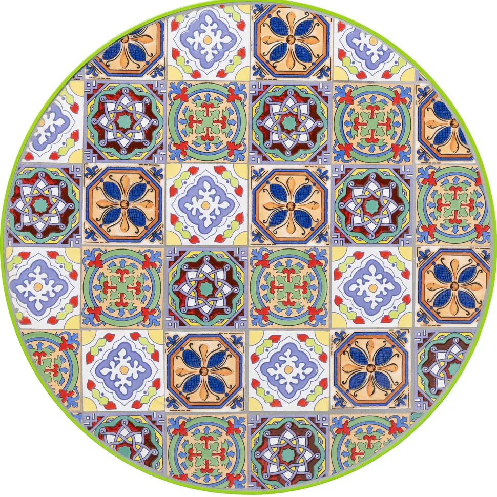 Set giardino Bistrot Tavolo rotondo 60 cm e 2 sedie richiudibili in metallo Verde con Top in Ceramica Effetto Mosaico