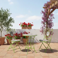 Set giardino Bistrot Tavolo rotondo 60 cm e 2 sedie richiudibili in metallo Verde con Top in Ceramica Effetto Mosaico