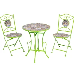 Set giardino Bistrot Tavolo rotondo 60 cm e 2 sedie richiudibili in metallo Verde con Top in Ceramica Effetto Mosaico