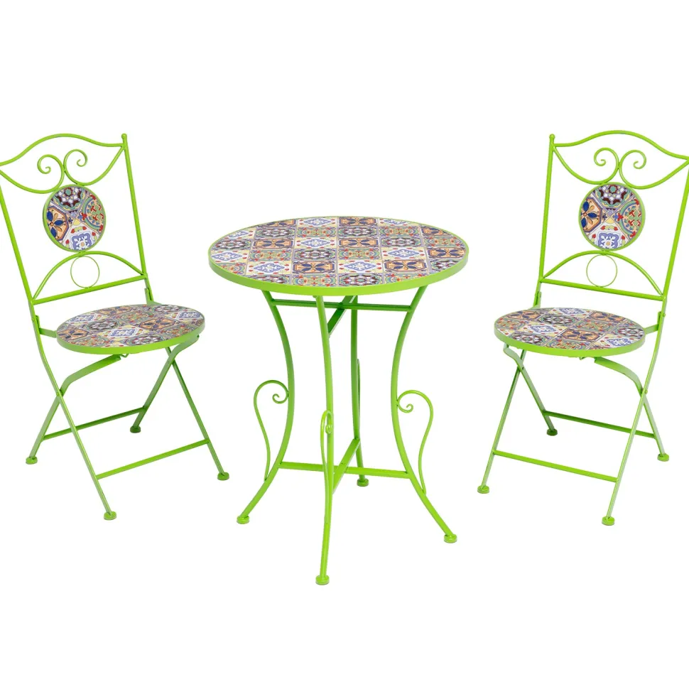 Set giardino Bistrot Tavolo rotondo 60 cm e 2 sedie richiudibili in metallo Verde con Top in Ceramica Effetto Mosaico