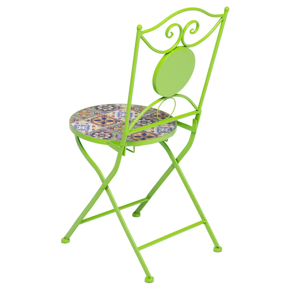 Set giardino Bistrot Tavolo rotondo 60 cm e 2 sedie richiudibili in metallo Verde con Top in Ceramica Effetto Mosaico