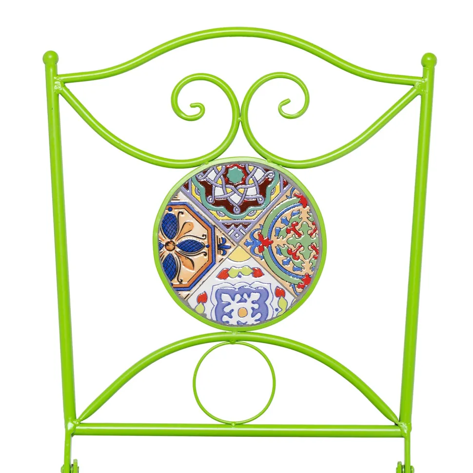 Set giardino Bistrot Tavolo rotondo 60 cm e 2 sedie richiudibili in metallo Verde con Top in Ceramica Effetto Mosaico