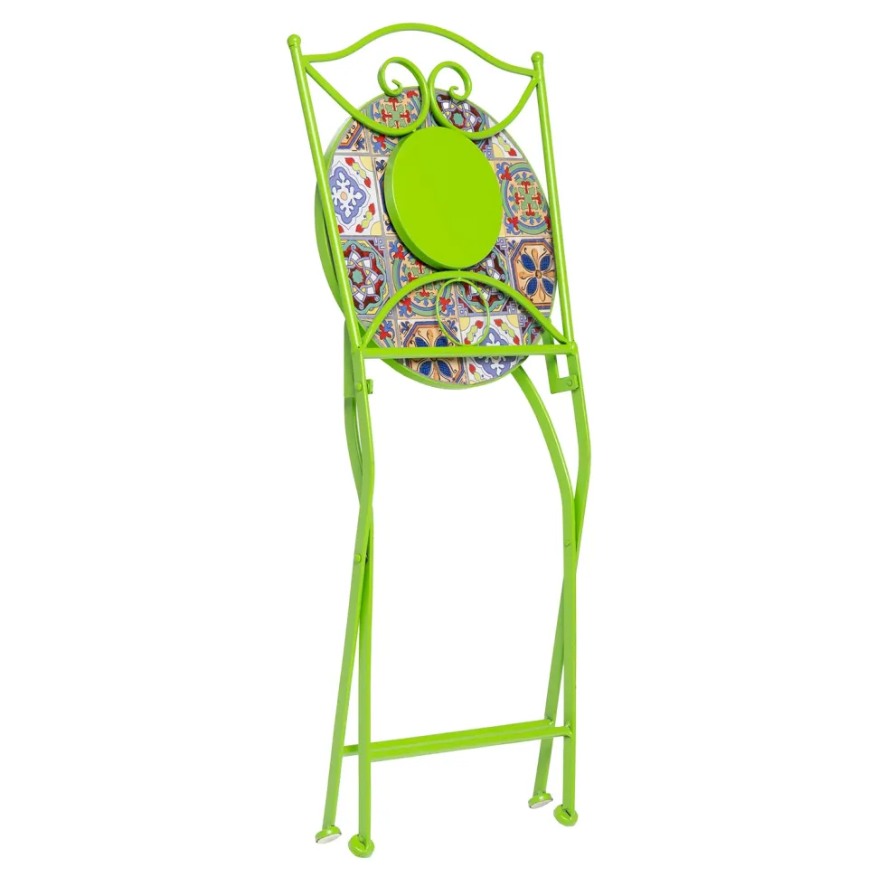 Set giardino Bistrot Tavolo rotondo 60 cm e 2 sedie richiudibili in metallo Verde con Top in Ceramica Effetto Mosaico