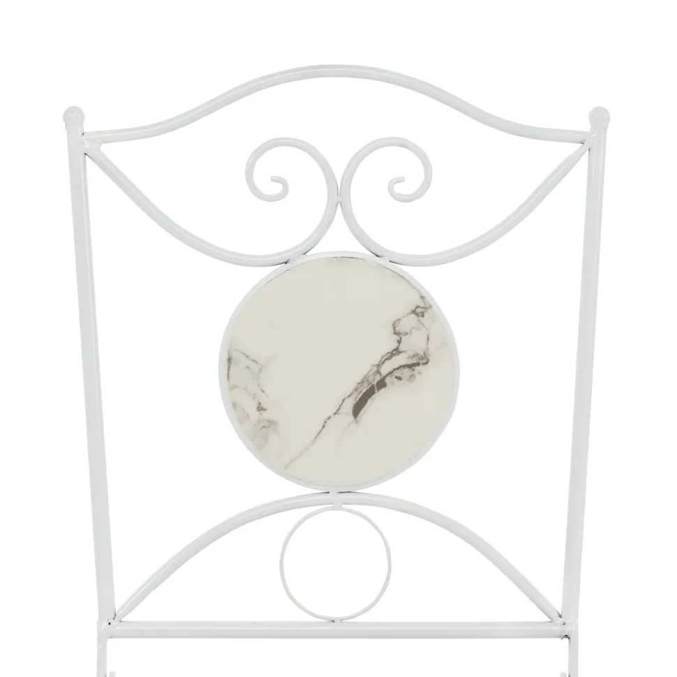 Set giardino Bistrot tavolo rotondo 60 cm e 2 sedie in metallo Bianco e Top in ceramica Effetto Marmo Bianco