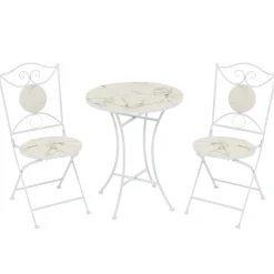 Set giardino Bistrot tavolo rotondo 60 cm e 2 sedie in metallo Bianco e Top in ceramica Effetto Marmo Bianco