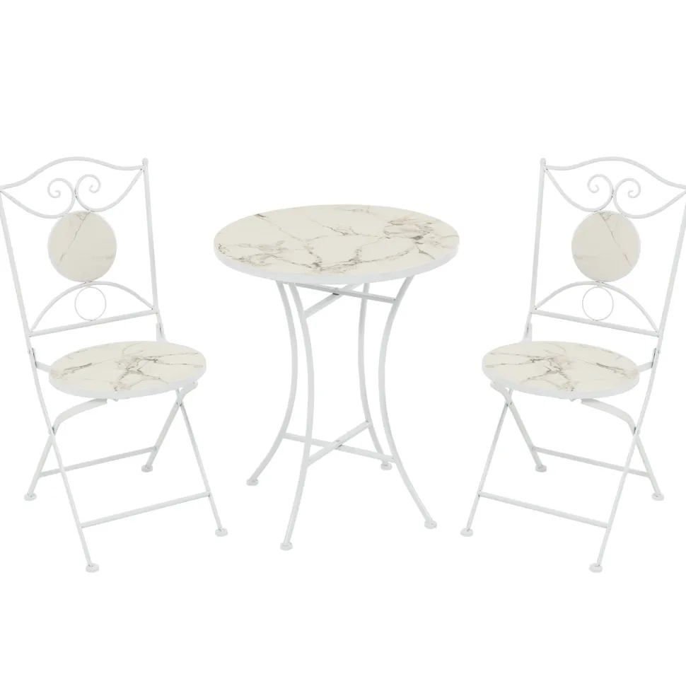 Set giardino Bistrot tavolo rotondo 60 cm e 2 sedie in metallo Bianco e Top in ceramica Effetto Marmo Bianco