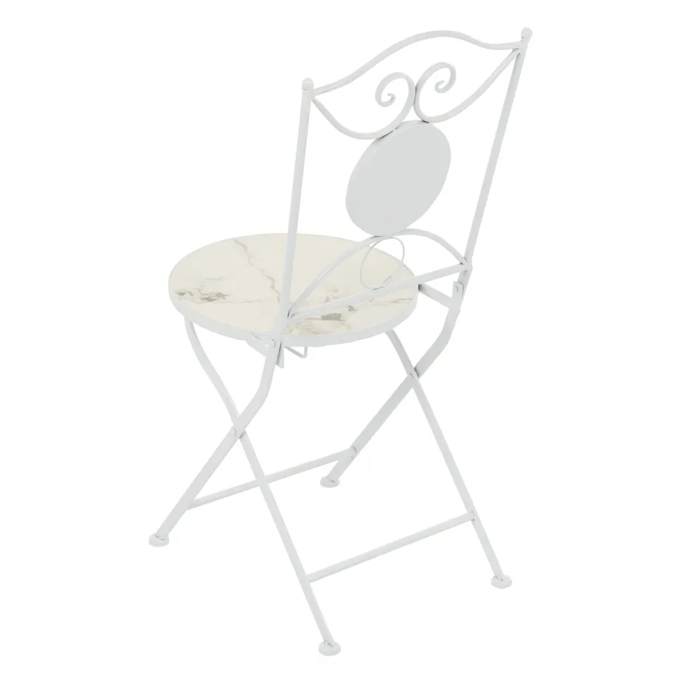 Set giardino Bistrot tavolo rotondo 60 cm e 2 sedie in metallo Bianco e Top in ceramica Effetto Marmo Bianco