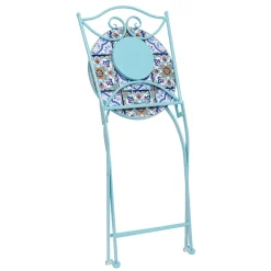 Set giardino Bistrot Tavolo rotondo 60 cm e 2 sedie richiudibili in metallo Celeste con Top in Ceramica Effetto Mosaico
