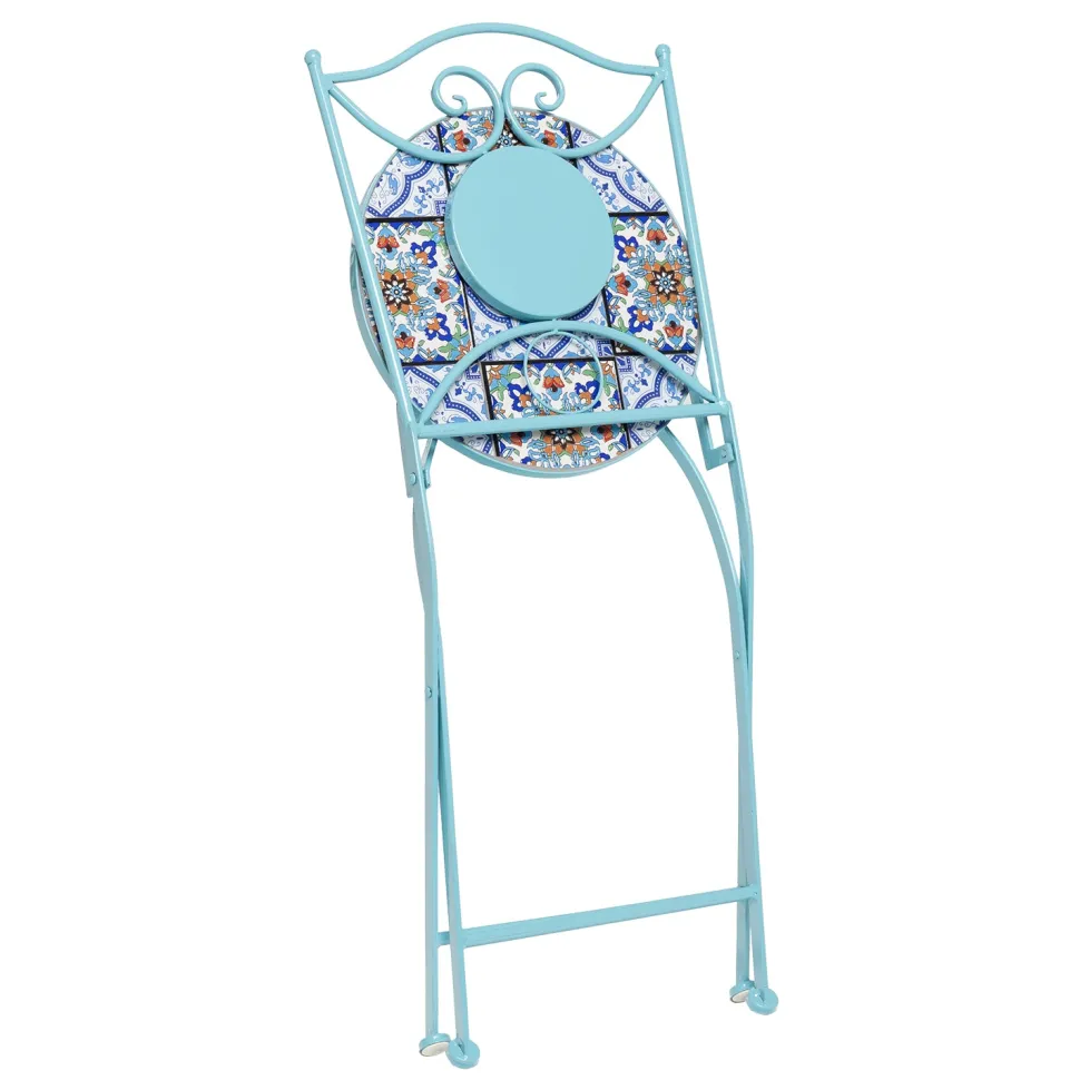 Set giardino Bistrot Tavolo rotondo 60 cm e 2 sedie richiudibili in metallo Celeste con Top in Ceramica Effetto Mosaico