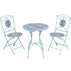Set giardino Bistrot Tavolo rotondo 60 cm e 2 sedie richiudibili in metallo Celeste con Top in Ceramica Effetto Mosaico