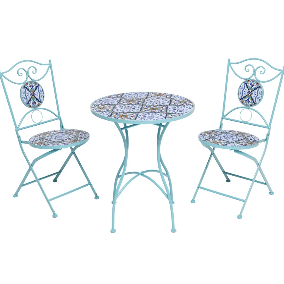 Set giardino Bistrot Tavolo rotondo 60 cm e 2 sedie richiudibili in metallo Celeste con Top in Ceramica Effetto Mosaico