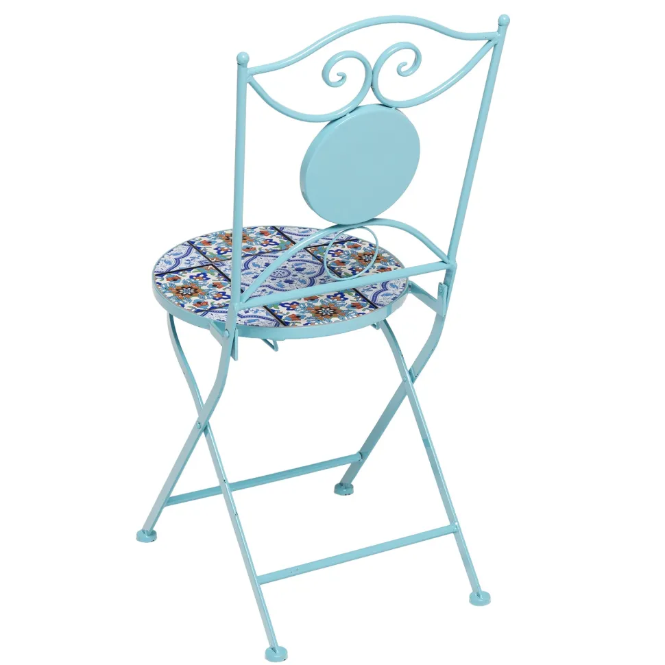 Set giardino Bistrot Tavolo rotondo 60 cm e 2 sedie richiudibili in metallo Celeste con Top in Ceramica Effetto Mosaico