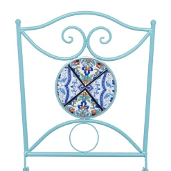 Set giardino Bistrot Tavolo rotondo 60 cm e 2 sedie richiudibili in metallo Celeste con Top in Ceramica Effetto Mosaico