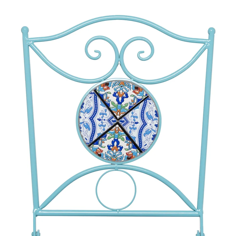 Set giardino Bistrot Tavolo rotondo 60 cm e 2 sedie richiudibili in metallo Celeste con Top in Ceramica Effetto Mosaico