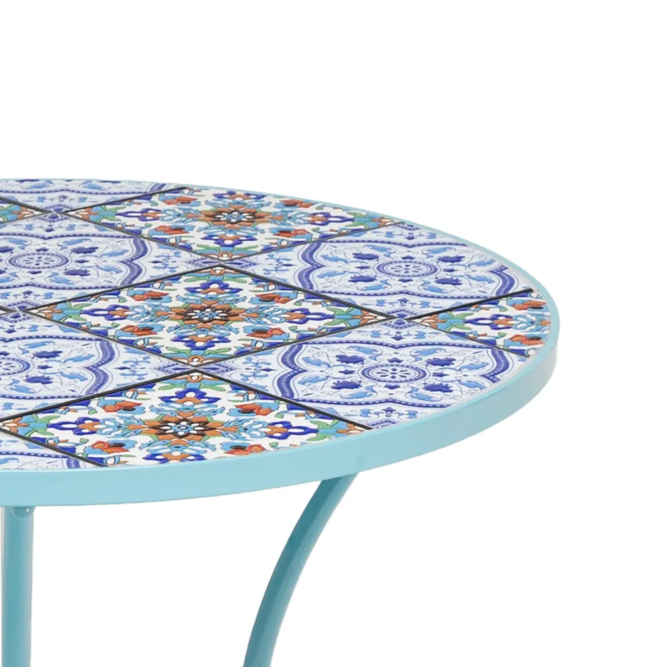 Set giardino Bistrot Tavolo rotondo 60 cm e 2 sedie richiudibili in metallo Celeste con Top in Ceramica Effetto Mosaico